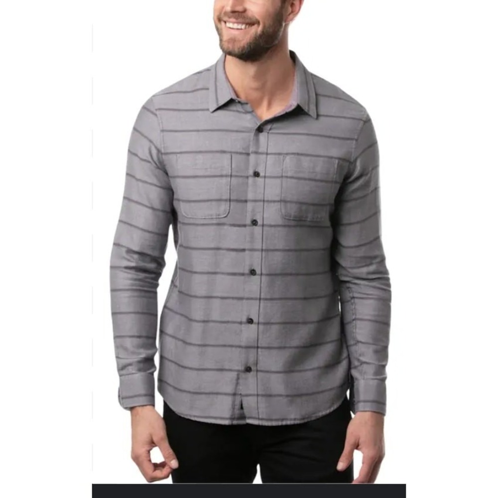 Travis Mathew Lights Out Button Up Flannel Mens XXL Grey Stripe‎ Golf